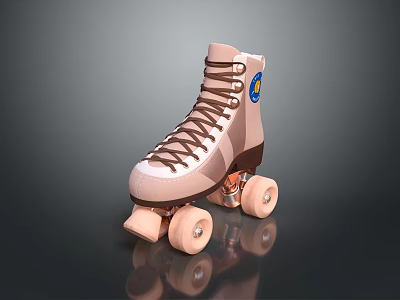 Pink And Brown Roller Skates With Brown Laces Blue Logo And Pink Wheels 3d model