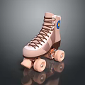 Pink And Brown Roller Skates With Brown Laces Blue Logo And Pink Wheels