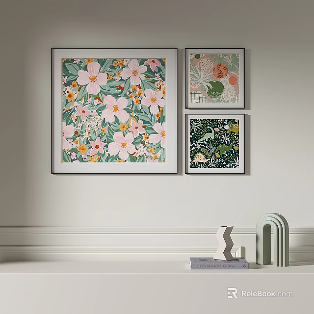 Stylish Wall Art Decor With Floral Prints And Decorative Objects On Shelf 3d model