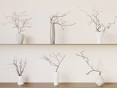 Elegant White and Gray Vases with Decorative Branches on Wooden Shelves for Home Decor 3d model