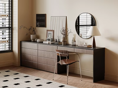Modern Dresser Interior With Round Mirror Table Lamp Vase Photo Frame Window Blinds And Chair 3d model