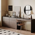 Modern Dresser Interior With Round Mirror Table Lamp Vase Photo Frame Window Blinds And Chair