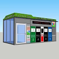 Modern Waste Sorting Station With Color Coded Trash Bins Glass Doors And Green Roof