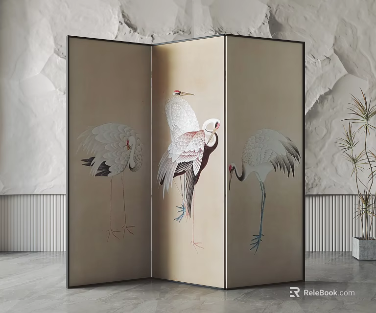 Three Panel Decorative Screen with Painted Cranes in Modern Interior Design 3d model