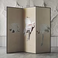 Three Panel Decorative Screen with Painted Cranes in Modern Interior Design 3d model
