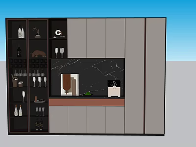 Modern Decorative Ornaments Set In Display Cabinet With Wine Glasses Bottles And Marble Top 3d model