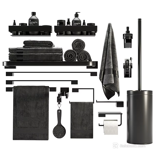 Black Modern Bathroom Accessories With Towels Shelf Towel Rack Toilet Brush And Holder 3d model 