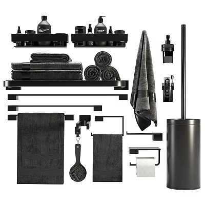 Black Modern Bathroom Accessories With Towels Shelf Towel Rack Toilet Brush And Holder 3d model