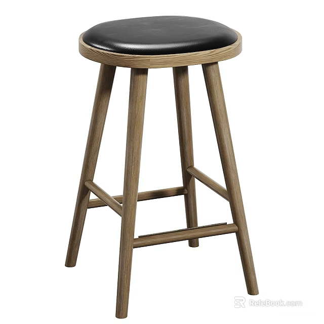 Modern Wooden Bar Stool With Black Leather Seat And Sturdy Legs 3d model 
