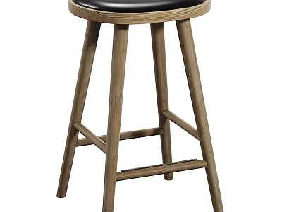 Modern Wooden Bar Stool With Black Leather Seat And Sturdy Legs 3d model