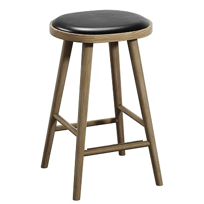 Modern Wooden Bar Stool With Black Leather Seat And Sturdy Legs 3d model