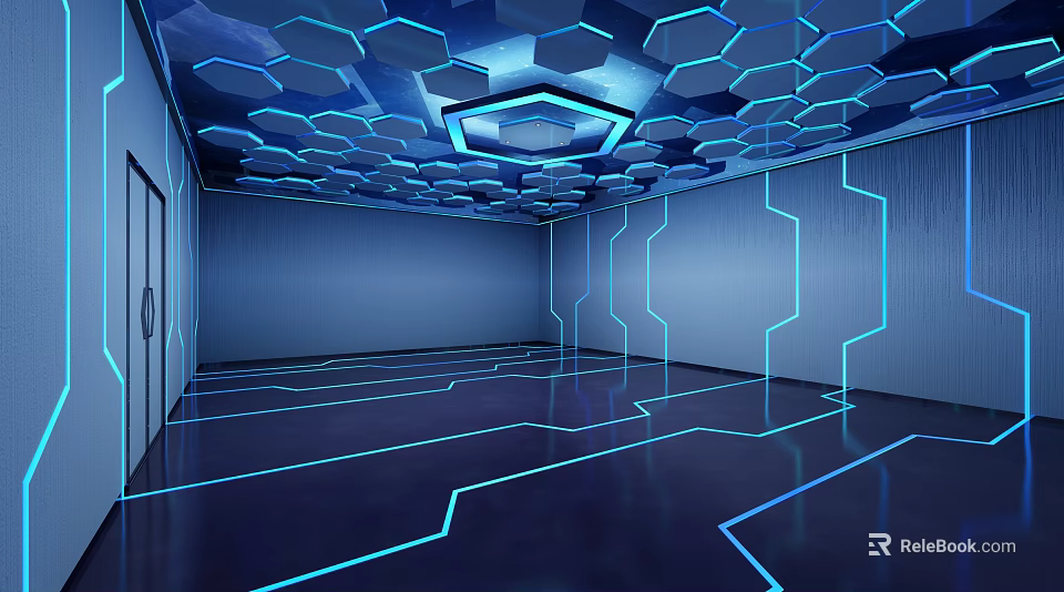 Futuristic Cartoon Scene With Hexagon Ceiling Blue Lights And Glowing Lines 3d model 