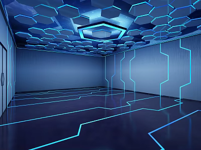 Futuristic Cartoon Scene With Hexagon Ceiling Blue Lights And Glowing Lines 3d model