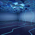 Futuristic Cartoon Scene With Hexagon Ceiling Blue Lights And Glowing Lines