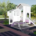 Colorful Kids Play Area With White Playhouse Trees And Colorful Cubes