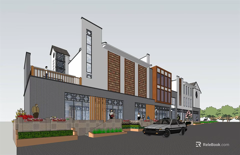 Commercial Complex Featuring Modern Traditional Design Mixed Material Facades Balconies Green Landscaping And Parked Car 3d model 