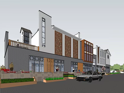 Commercial Complex Featuring Modern Traditional Design Mixed Material Facades Balconies Green Landscaping And Parked Car 3d model