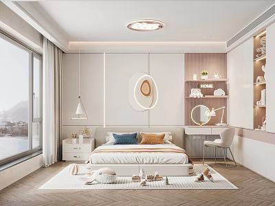 Modern Minimalist Kids Room Interior With Large Window Soft Rug Cozy Bed And Shelves 3d model