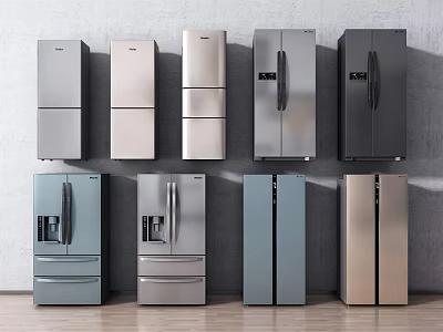 Multiple Modern Refrigerators And Freezers In Various Styles And Colors On Wall 3d model