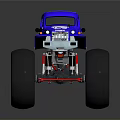 Blue Monster Truck With Large Tires And Chrome Wheels On Reflective Surface