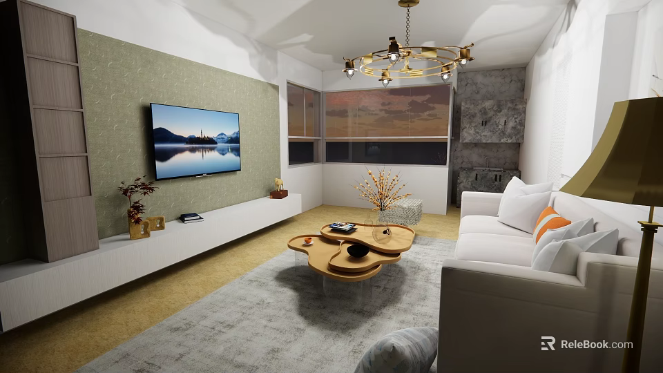 Modern Living and Dining Room Interior Design With White Sofa Decorative Chandelier And Gray Rug 3d model 