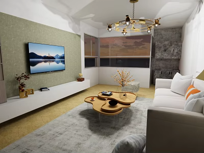 Modern Living and Dining Room Interior Design With White Sofa Decorative Chandelier And Gray Rug 3d model
