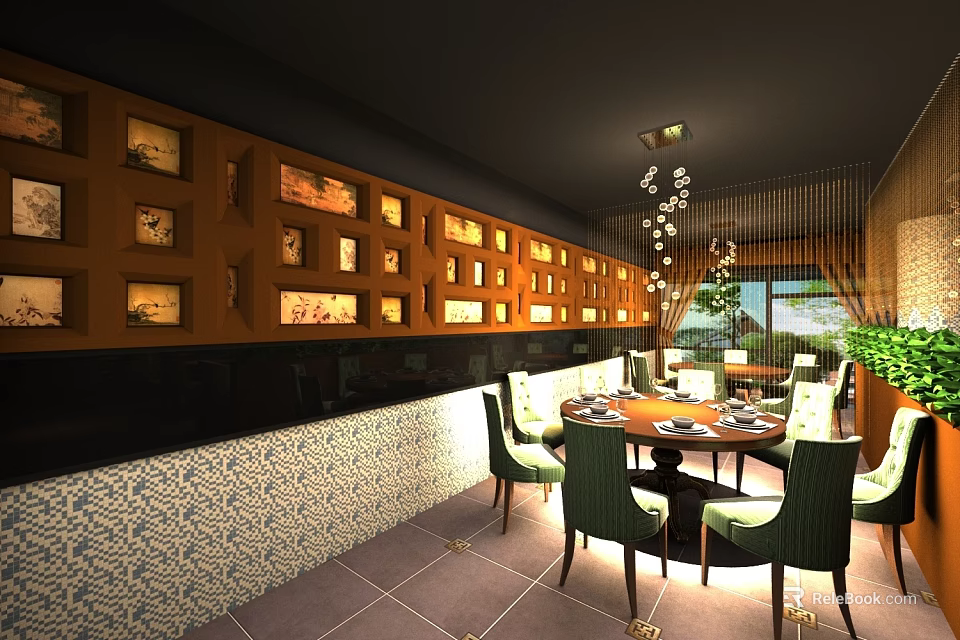 Elegant Restaurant Interior With Wooden Wall Decor Frames Dining Table Green Chairs And Pendant Lights 3d model 