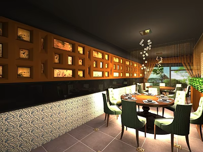 Elegant Restaurant Interior With Wooden Wall Decor Frames Dining Table Green Chairs And Pendant Lights 3d model