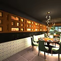 Elegant Restaurant Interior With Wooden Wall Decor Frames Dining Table Green Chairs And Pendant Lights