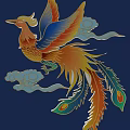 Traditional Carved Phoenix Art With Colorful Feathers And Clouds On Dark Blue Background