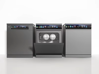 Modern Kitchen Appliances Featuring Three Dishwashers With Open Door And Interior 3d model