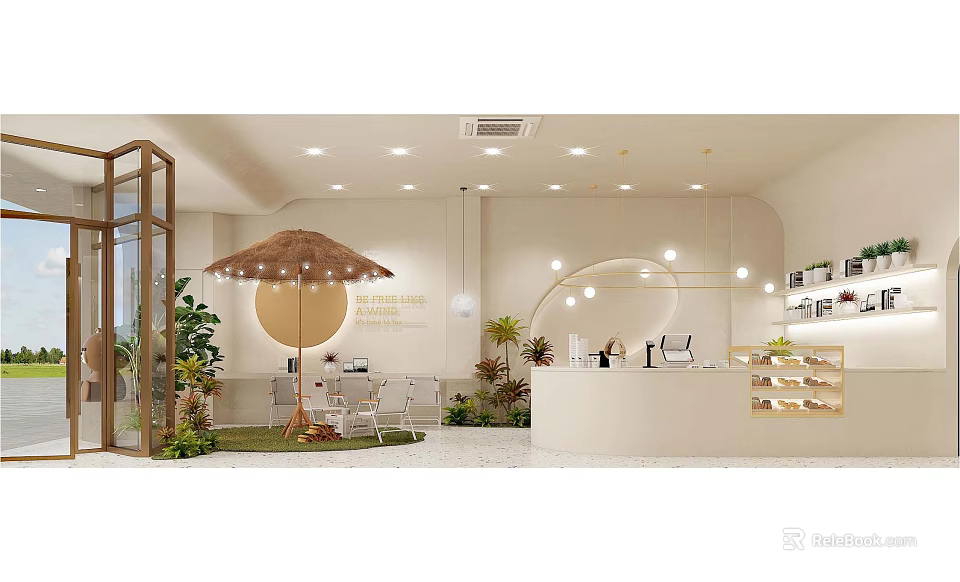 Cozy Dessert Cafe Interior With Modern Seating Green Plants And Service Counter 3d model 