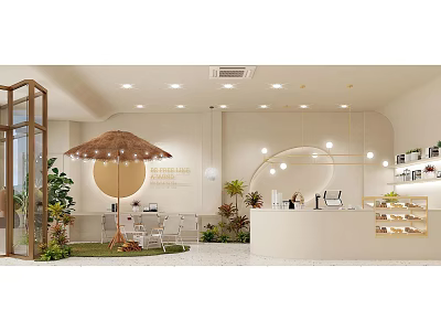 Cozy Dessert Cafe Interior With Modern Seating Green Plants And Service Counter 3d model