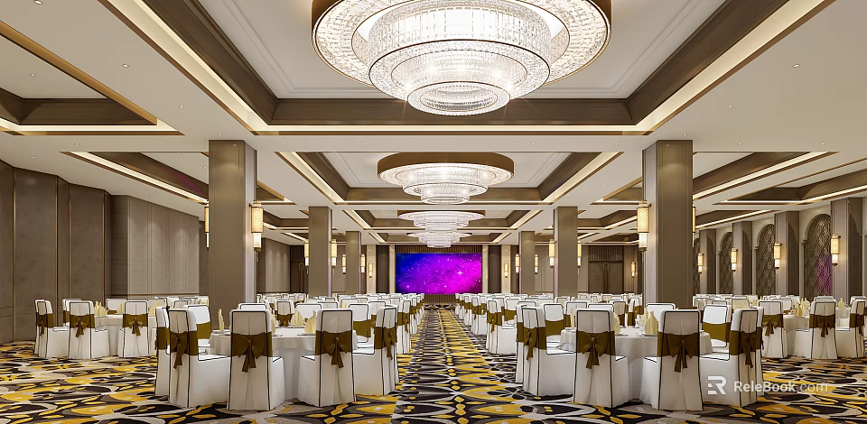 Luxurious Banquet Hall With Crystal Chandeliers White Chairs Brown Bows And Purple Backdrop 3d model 