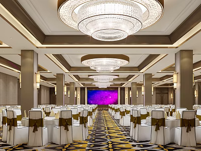 Luxurious Banquet Hall With Crystal Chandeliers White Chairs Brown Bows And Purple Backdrop 3d model