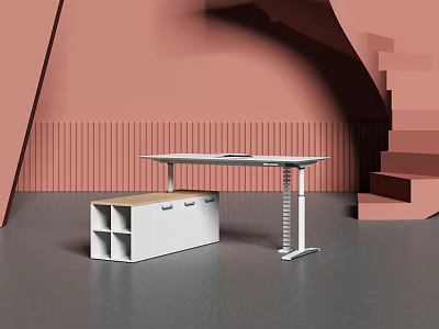 Modern Adjustable Height Office Desk With Side Storage Cabinet And Sleek Design 3d model