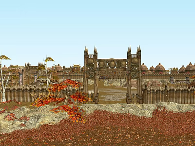Ancient Architectural Gate With Wooden Fence Autumn Trees and Fallen Leaves 3d model