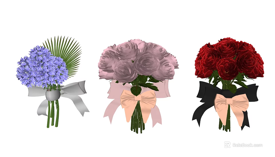 Colorful Flower Bouquets With Ribbon Bows In Purple Pink And Red 3d model 