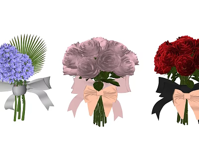 Colorful Flower Bouquets With Ribbon Bows In Purple Pink And Red 3d model