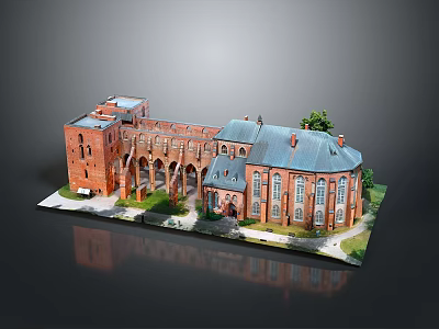 Scenic Landscape Featuring Red Brick Building With Arched Structures Blue Roof And Green Plants 3d model