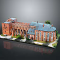 Scenic Landscape Featuring Red Brick Building With Arched Structures Blue Roof And Green Plants