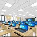 School Classroom Equipped With Multiple Laptops On Wooden Desks Windows And Bright Lighting 3d model