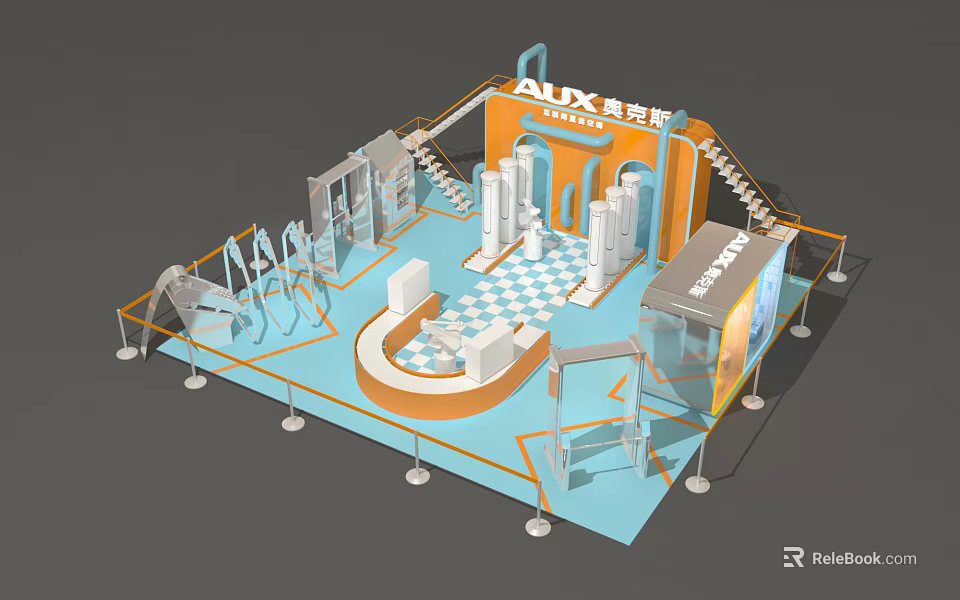 AUX Exhibition Booth Modern Design With Stairs Display Areas Checkerboard Floor And Reception Counter 3d model 