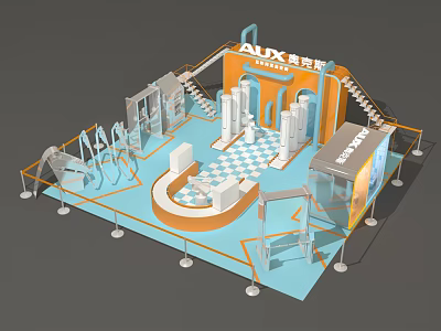 AUX Exhibition Booth Modern Design With Stairs Display Areas Checkerboard Floor And Reception Counter 3d model