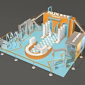 AUX Exhibition Booth Modern Design With Stairs Display Areas Checkerboard Floor And Reception Counter