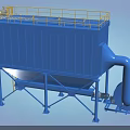 Blue Industrial Baghouse Dust Collector With Yellow Safety Railings And Fan Unit