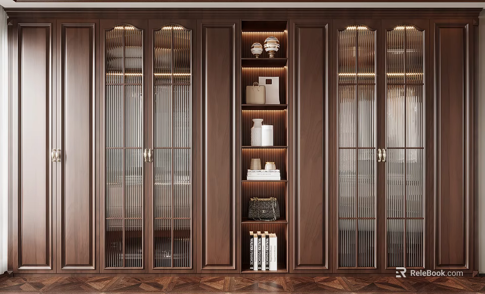 Dark Brown Wardrobe With Glass Doors Built-in Shelves Lighting Strips Decorative Items And Books 3d model 