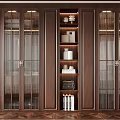 Dark Brown Wardrobe With Glass Doors Built-in Shelves Lighting Strips Decorative Items And Books