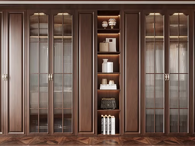 Dark Brown Wardrobe With Glass Doors Built-in Shelves Lighting Strips Decorative Items And Books 3d model