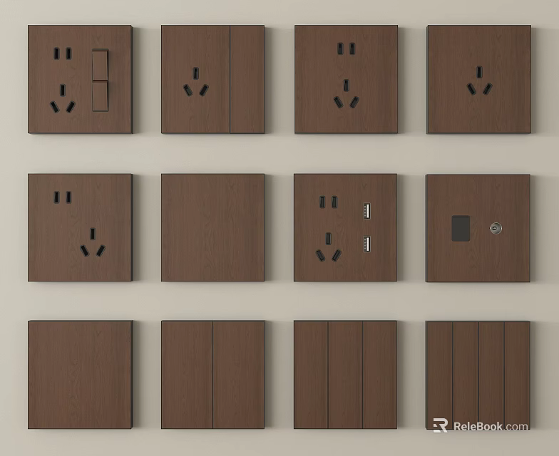 Brown Wooden Switch Panels With Various Designs And Sockets For Home Use 3d model